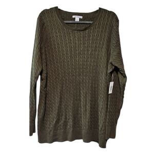 Womens Scoop Neck Cable Knit Sweater Army Green Size 1X Preppy NWOT